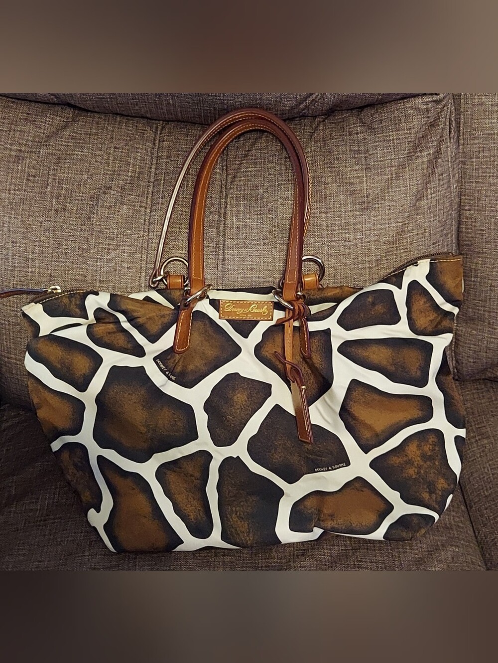 Dooney & Bourke Giraffe-Pattern Tote in Brown, White and Tan Leather